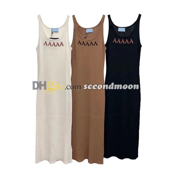 Mulheres sem mangas malhas top sexy vestido longo de malha carta jacquard malhas tops vestidos com decote em u