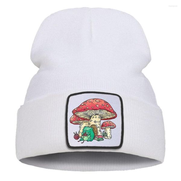 Berets chapéu de malha cottagecore estética sapo tricô perto da casa de cogumelo chapéus na moda dobrável inverno punk algodão bonés masculinos