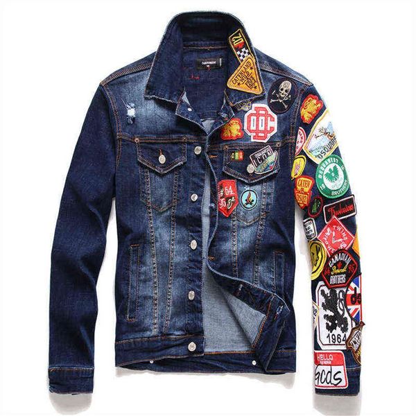 2022 marca dos homens denim jaquetas moda casual fino rasgado emblema jean casacos rua hip hop punk azul d2 denim coats255a