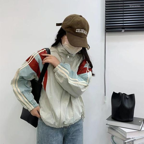 Giacche da donna Giacca da donna a righe patchwork vintage Y2K Coreano Oversize Colletto alla coreana Uniforme da baseball Autunno Cerniera Giacca a vento Capispalla