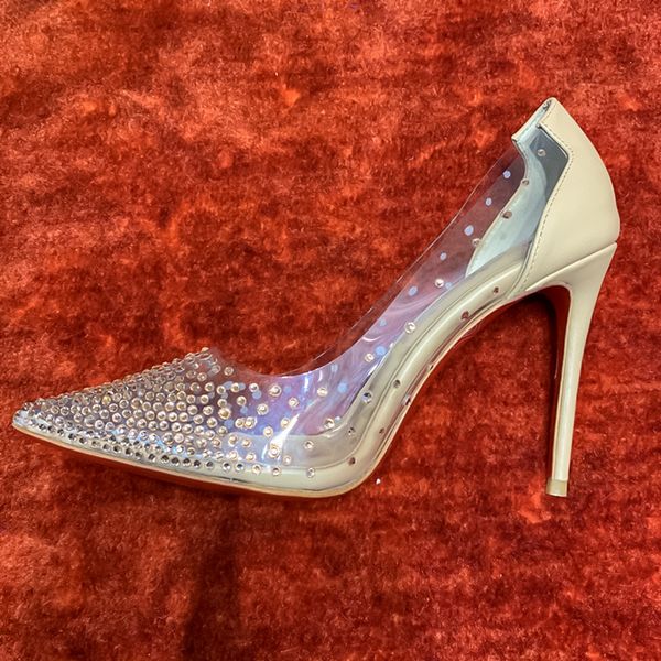 Full Star Rhinestone Film Stiletto Heels Deri Kırmızı Kadın Ayakkabı Sivri Kafa Tüm Maç Ağı Kırmızı Kıdemli Duygusal Düğün Partisi Ayakkabı Boyutları 35-42 +Kutu