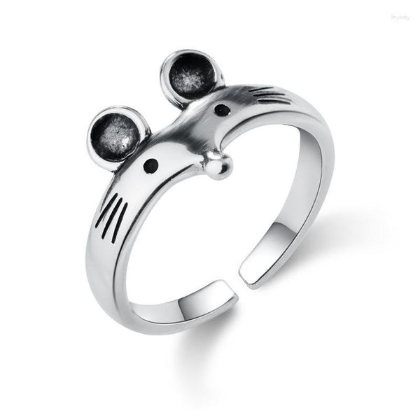 Cluster Anéis MloveAcc Real 925 Sterling Silver Mouse Rat Animal Anel para Mulheres Casamento Noivado Ajustável Moda Jóias