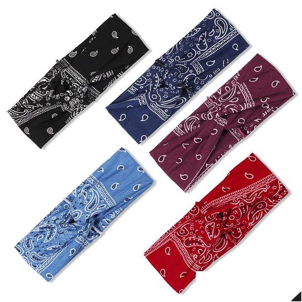 Headbands Bohemian Mulheres Caju Flores Imprimir Wide Headband Esporte Fita Cruz Nó Anti-Slip Turban Headdress Elástico Hairbands Dhavq