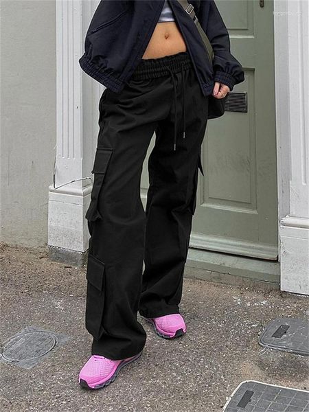 Calças femininas habbris outono carga casual outfit para mulheres 2023 cintura alta desenhar bolsos de corda reta longa feminina calças sólidas