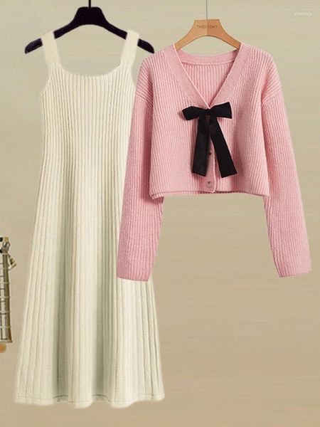 Casual Kleider Herbst Winter Warme Strickwaren Kleid Sets Koreanische Süße Bogen Langarm Strickjacken Straped Weste 2023 Mode Kleidung
