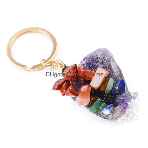 Chaveiros Irregar Folk Artesanato Gemstone Natural Pedra Anel Quartz Áspero Ametista Tigre Olho Cristal Chaveiro Ágata Meditação Pingente Ha Dhg2y