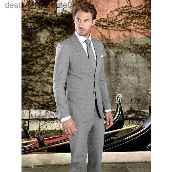 Erkek Suit Blazers Gri Pinstripe Mens iki adet Groomsmen düğün smokin çentikli yaka damat takım elbise ile ceket pantolonlar balo l230914