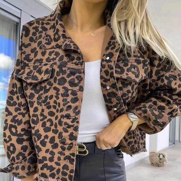 Giacche da donna Cappotto di jeans Autunno Vintage Furred Leopard Print Giacca corta di jeans monopetto a maniche lunghe per donna 230912