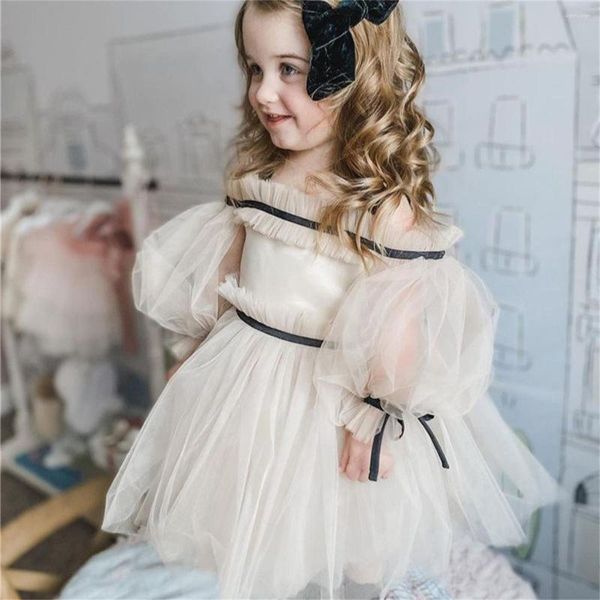 Vestidos de menina adorável tule ombro-comprimento manga bolha princesa vestido flor festa de casamento bola comunhão sonho crianças presente