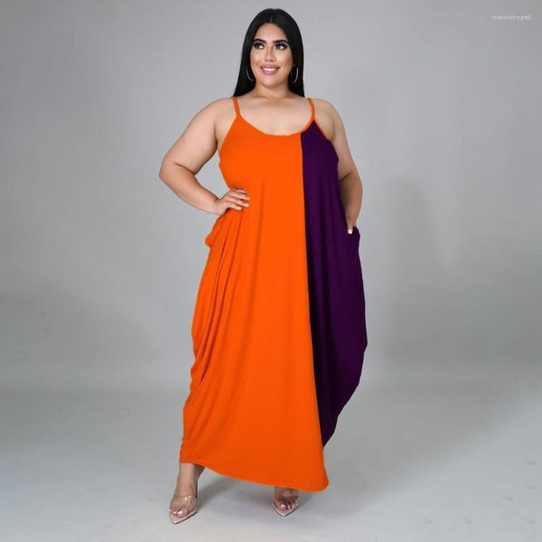 Vestidos casuais plus size maxi vestido moda mulheres verão atacado retalhos deslizamento bolsos drapeados lado elegante gota solta