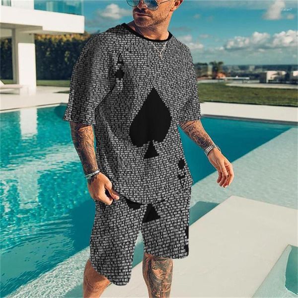 Erkek Trailsits büyük boy komik poker deseni 3D baskı y2k erkekler Set Soath Moda Trachsuit T-Shirt Shorts Takım 2 Parça Kıyafet Giysileri