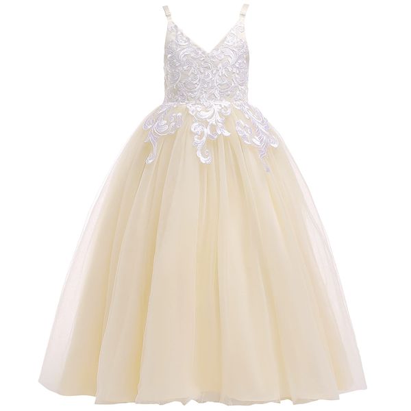 Jolies robes de princesse pour filles, col en V, dos nu, avec nœud, robe de bal en Tulle, robe de concours de communion pour mariage, fête formelle F08