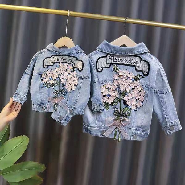 Jaquetas primavera outono crianças jeans jaquetas para meninas bebê flor bordado casacos moda criança crianças outwear rasgado jeans jaquetas conjuntos 230914