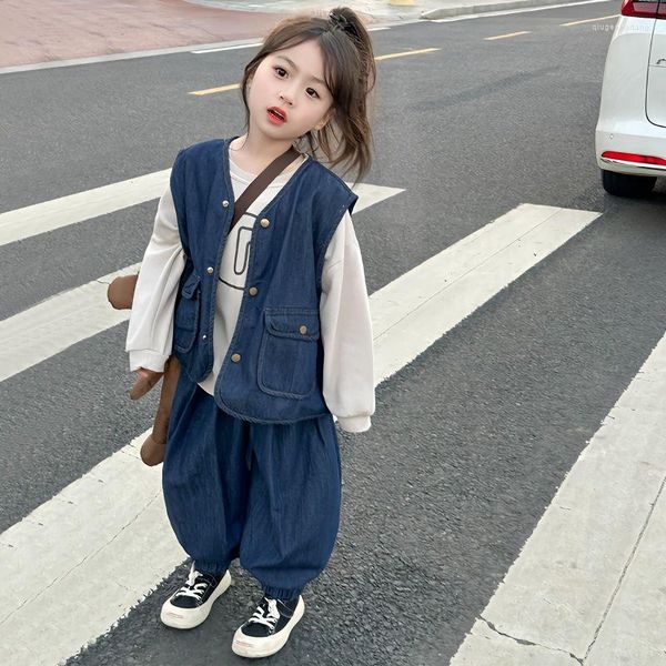 Kleidung Sets Mädchen Jungen Blau Denim Weste Hosen 2 stücke Anzug Mode Koreanische Taschen Mantel Tops Baumwolle Weste Jacke Kinder outf