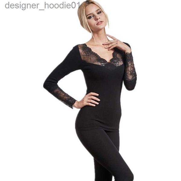 Biancheria intima termica da uomo invernale con scollo a V in pizzo intimo termico da donna elastica traspirante femminile casual autunno femminile caldo lungo nero Johns Set LJ201008 L230914