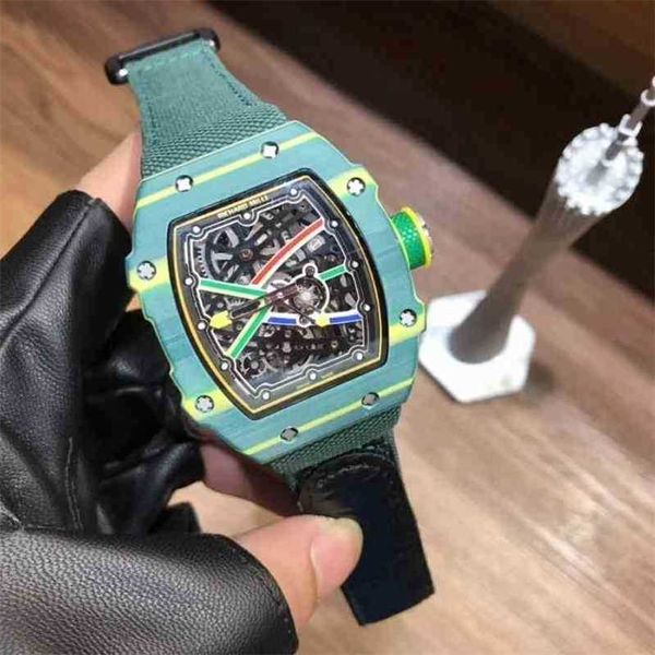 Movimento Richarmilles Relógio automático de luxo masculino mecânico relógio de pulso máquinas lazer de negócios rm67-02 cinto de pano amarelo de fibra de carbono preto Mill L