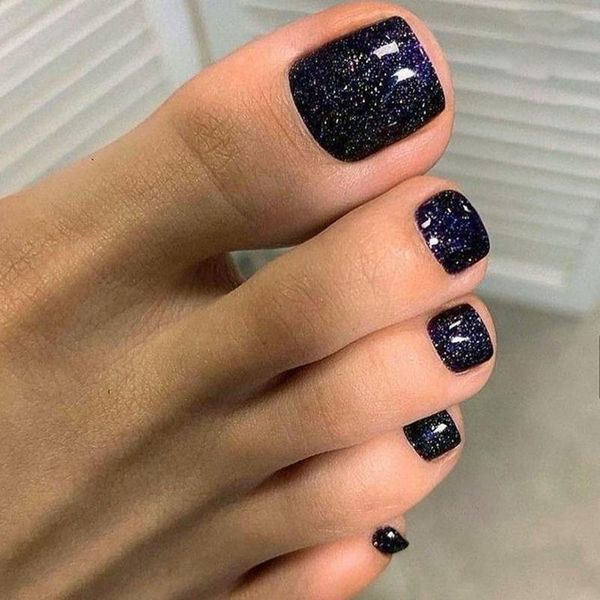 Unghie finte 24 pezzi Unghie corte blu scuro lucide Estate Testa quadrata finta per manicure Nail art punte per piedi artificiali finiti