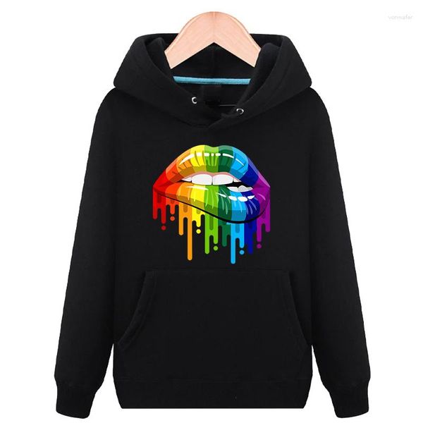 Hoodies femininos coloridos lábios imprimir desenho feminino casual clássico manga longa pulôver com capuz moda feminina esportes moletom com capuz