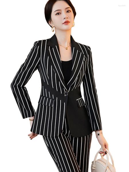 Pantaloni da donna a due pezzi Pantaloni a righe neri Abbigliamento da lavoro da donna Pantaloni formali Blazer da donna Giacca da lavoro slim a maniche lunghe da donna 2 Set