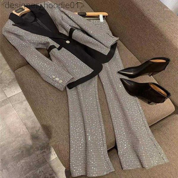 Kadınların Trailtsuits Kadınların İki Parçası Pantolon 2 PCS V-Grute Bling Pullar Eşleşen Kıyafetler Kadın Lady Office Business Blazer Alevli Takım Set İş Giyim L230914