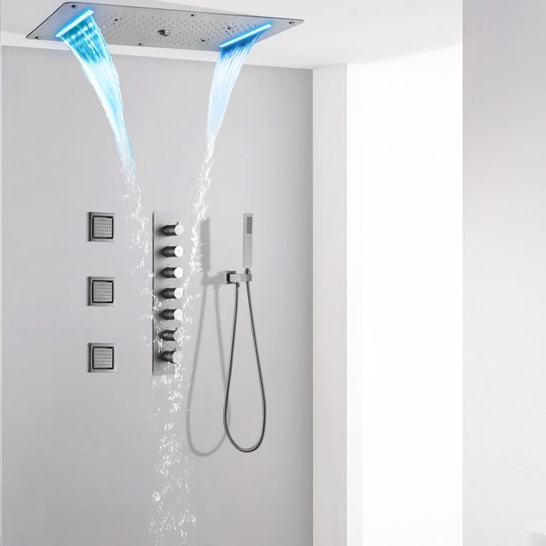 Светодиодная душевая система, встраиваемая в потолок, 700*380 мм, водопад, светодиодная насадка для душа, термостатический смеситель для душа, набор для ванной комнаты