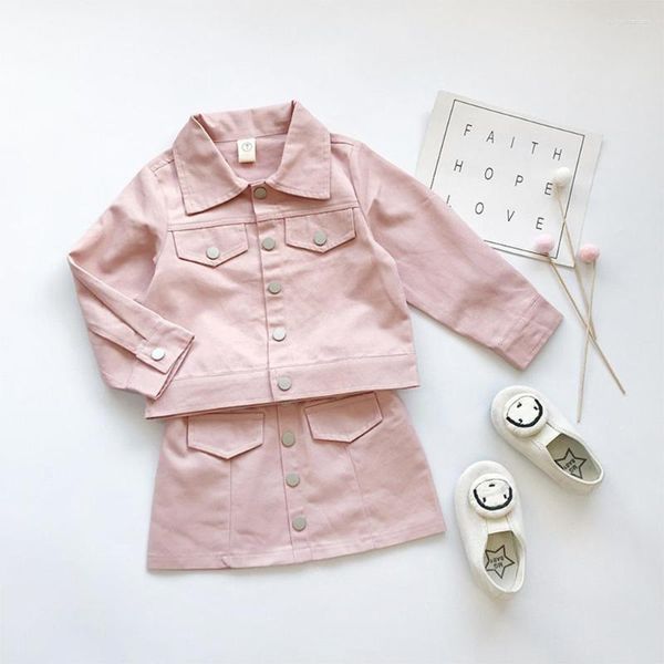 Conjuntos de roupas moda crianças roupas meninas 2 peças coreano 2023 outono cor sólida rosa bonito tops saia único breaste casaco casual