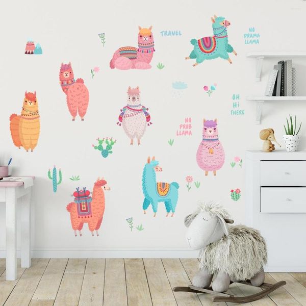 Adesivos de Parede Estilo Animal Colorido Pequena Ovelha DIY Cactus Kids Room Decoração Living Bedroom Papel de Parede