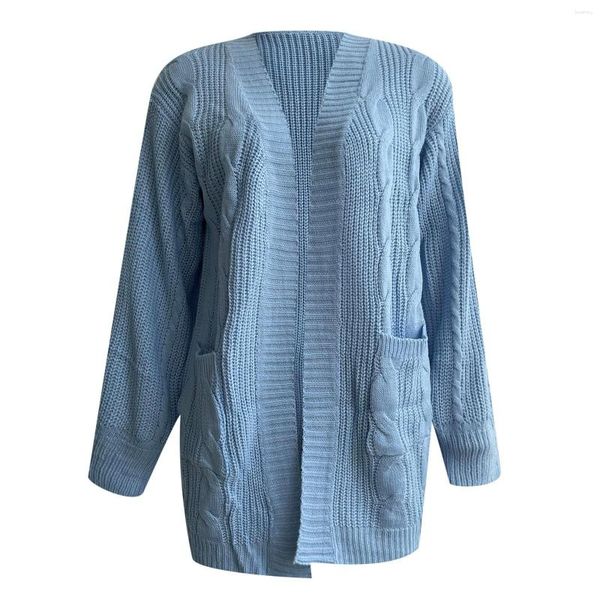 Cardigan feminino de malha com frente aberta, manga comprida, casaco casual com bolso, roupas de inverno elegantes