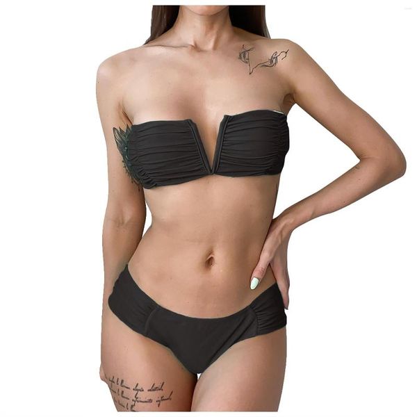 Mulheres Swimwear Moda Sexy Sutiã Biquíni Cintura Alta Cor Sólida Dividir Maiô Terno Tankini Mulheres 2023 Ternos de Banho