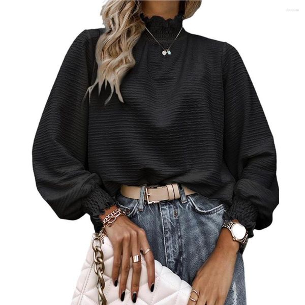 T-shirt da donna 2023 camicetta lanterna manica lunga donna autunno elegante collo alto streetwear tunica casual tinta unita top