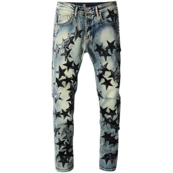 Jeans masculinos homem high street estrelas lutando couro joelho faca corte buracos retro angustiado calças finas para homem 694260b