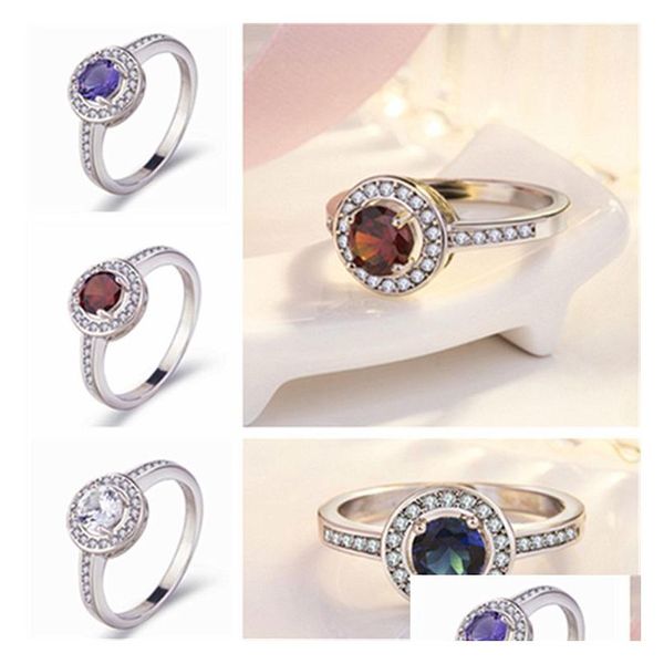 Band Rings Fashion Girls Red Ruby Cz Zirkon Taş Sier Ring Blue Beyaz Daimond Lady Kadın Mücevherleri Nişan Bırakma Teslimat DHGW9