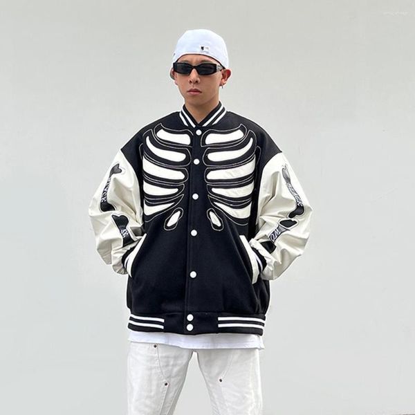 Giubbotti da uomo 2023 Giacca da baseball americana Uomo Streetwear Hip Hop Scheletro Ossa Patch Varsity Gothic Patchwork Punk College Cappotti