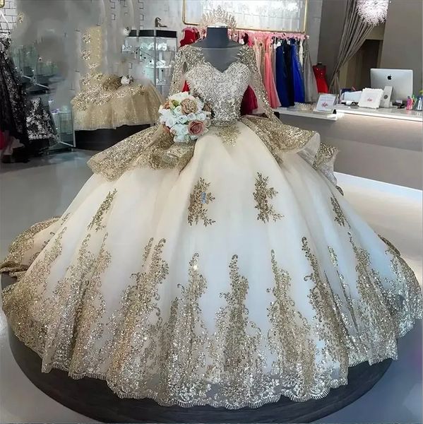 2023 Платье Quinceanera цвета шампанского, золото, аппликация с блестками, многоуровневые длинные рукава, оборки, корсет на спине, выполненный на заказ тюль, сладкое 15 16, бальное платье принцессы