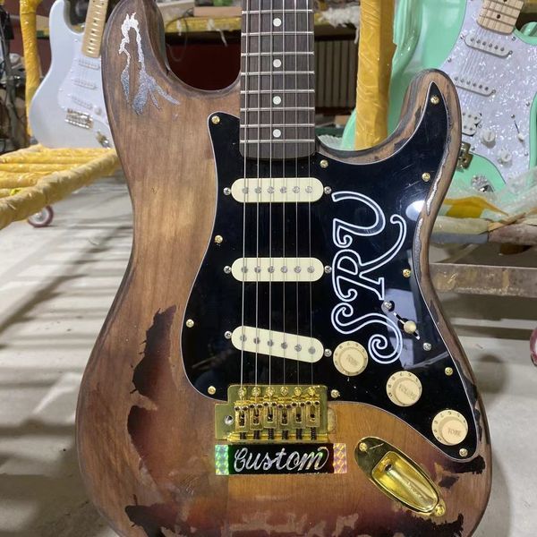 Srv guitarra elétrica super envelhecida relíquia guitarra corpo idoso hardware dourado frete grátis modelo artesanal