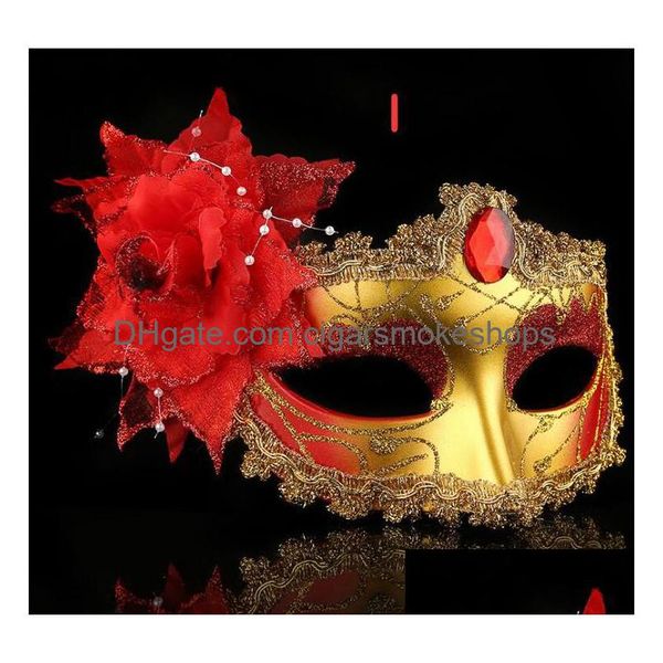 Maschere per feste Nuova squisita maschera in pelle con strass Masquerade Halloween Fiore laterale Perline Catena a punta 7 colori Drop Delivery Home Garden Dhbjf