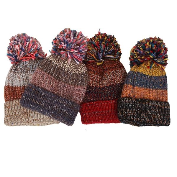 Beanie/Kafatası Kapakları Kore tarzı sevimli örgü şapka Kadınlar için saç topu renk engelleme kalınlaştırılmış kadınların örgü şapka kızlar için kış sıcak kapakları 230915