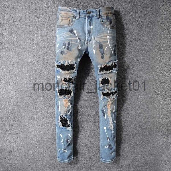 Jeans da uomo 2022 Hot Drilling Men Jeans Stretch Retro dipinto Skinny Rhinstone Denim Jeans Pant Uomo Hip Hop Strappato Moda lavato Hole Jean J230915