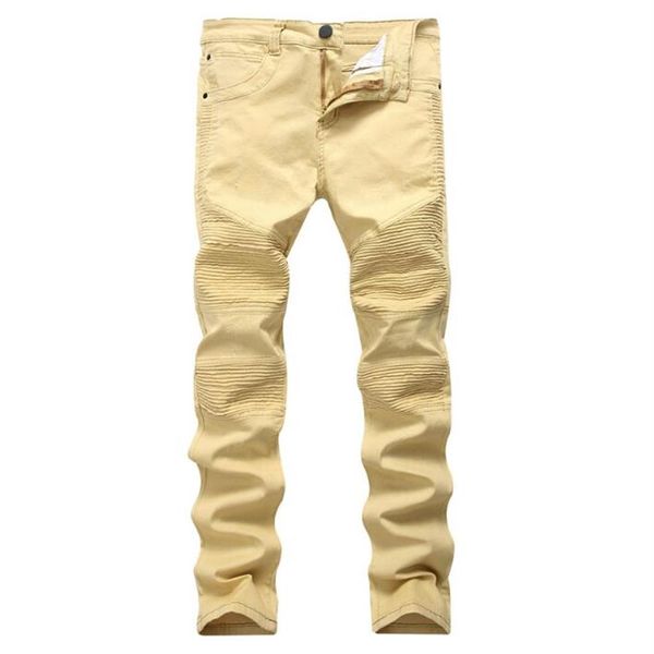 Herren Jeans Top Qualität Khaki Biker Jeans Plissee Design Mens Skinny Slim Stretch Denim Hosen Neue Ankunft Hip-Hop Straße Ripp3256