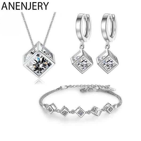 Conjunto de joias de prata esterlina 925 com 5 estilos, zircão, cubo quadrado, colar, brincos, pulseira para mulheres, presente2350