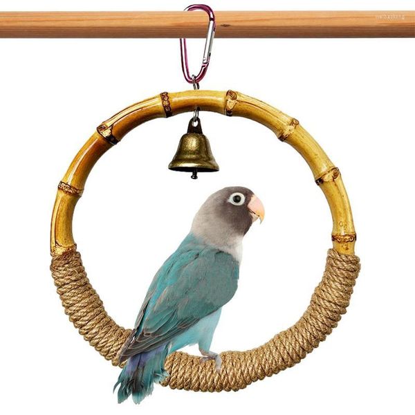 Outros suprimentos de pássaros Papagaio Anel Brinquedo Gaiola de Bambu Corda Mastigando Balanços Brinquedos com Sino para Papagaios Budgie Periquito Cockatiel Conure Finch