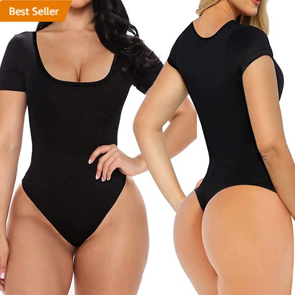 Body de manga curta sem costura para mulheres, modelador de barriga com controle de barriga, tanga, modelador de corpo