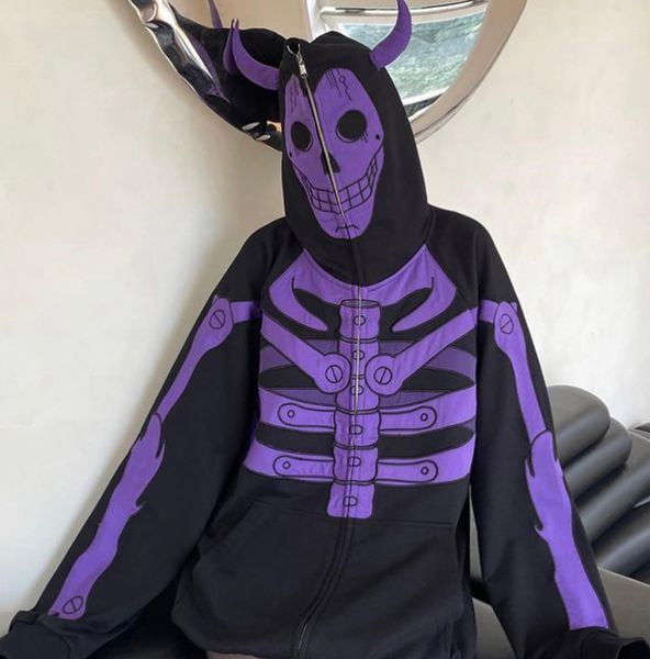 Мужские толстовки с капюшоном Goth Skeleton Hoodies Y2k Одежда 2023 Новая повседневная мода Хип-хоп Толстовка Панк Мужская женская куртка на молнии Уличная одежда Осенние топы 230914