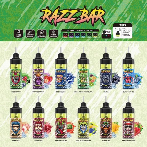 Razz BAR 12000 затяжек одноразовые комплекты устройств Vape электронная сигарета аккумулятор 650 мАч предварительно заполненный испаритель 16 вкусов перезаряжаемый Vape Европейский склад