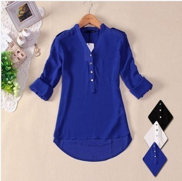 Blusas femininas camisas verão elegante manga longa com decote em v seda mulheres chiffon blusas sólido azul preto branco blusa senhoras camisas femininas blusas 230915