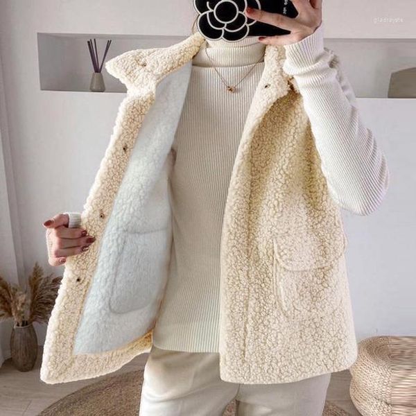 Gilet da donna Pelliccia beige Gilet di peluche peloso Lana di agnello Piumino senza maniche da donna Top Casual Capispalla corto Gilet Parka Giacca Cappotti di stoffa