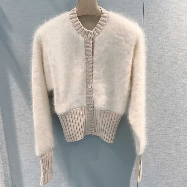 Maglioni da donna Cardigan in pelo di coniglio bianco Cappotto girocollo Manica lunga in lana Top Maglione slim fit 2023 Inizio primavera Nuove donne