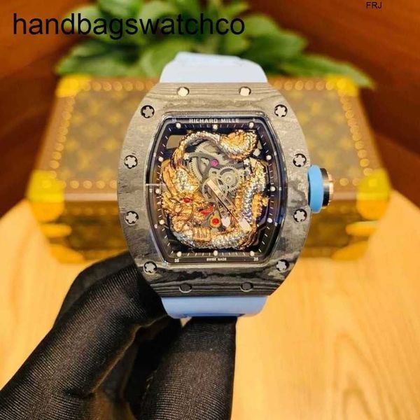 Richarmilles Orologio Orologi meccanici Richads Milles Star Jackie Chan Quadrante grande Barrel Mens Trend Impermeabile Blu Carbonio brasato Wei Hollow Miller frj