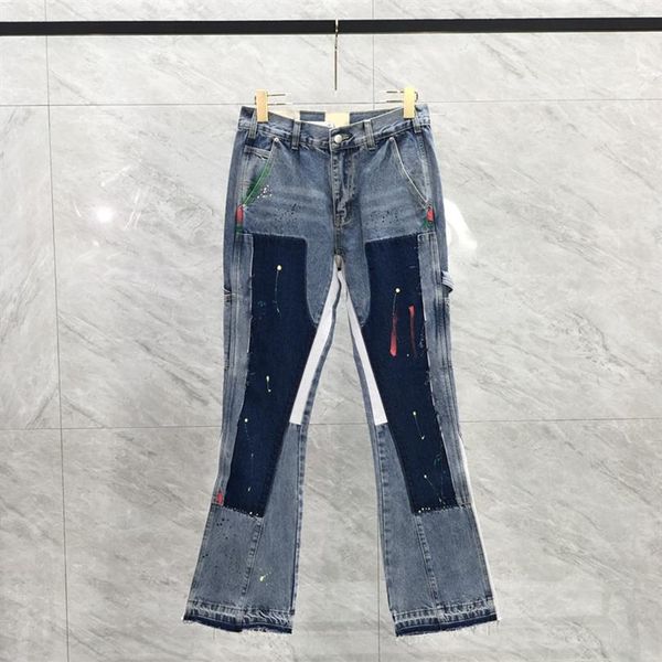 23SS Erkekler ABD Zipper Patchwork denim pantolonlar Splash mürekkep kot pantolon yüksek sokak pantolon çan dipler284y