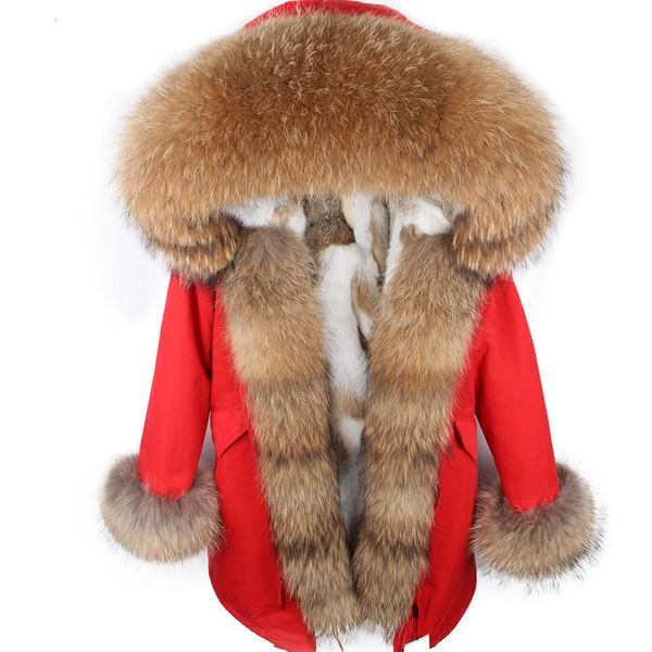 Damenfell Kunstfell Maomaokong Winter Natürlicher Echter Waschbär Luxus Pelzkragen Langer Mantel Rot Armeegrün Kaninchenfell Gefüttert Parkas Damenjacke 230915